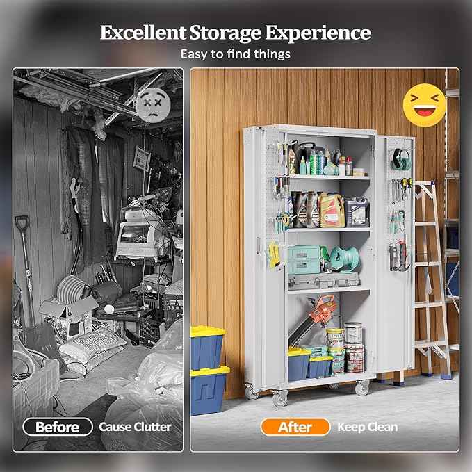 VINGLI 72'' Tall Garage Storage Cabinet, Metal Storage Cabinet with Pegboards, Wheels, Locking Doors and Adjustable Shelves (Gray, 32''W x 16''D x 72''H)
