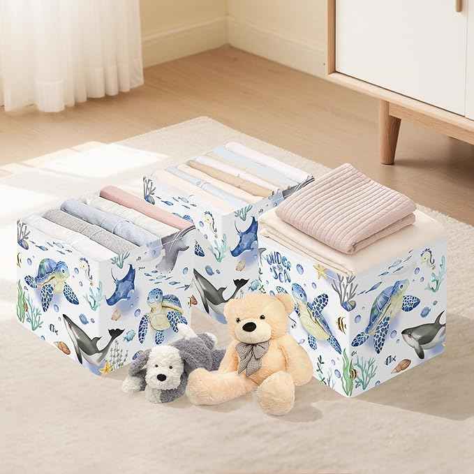 Clastyle 3 pcs Ocean Animals Cube Storage Unit Bin with Metal Frame Foldable Kallax Box for Shelves Parents Closet Organizer Basket for Book Clothes Toy Organizer, Turtle, 11.8x11.8x11.8 in