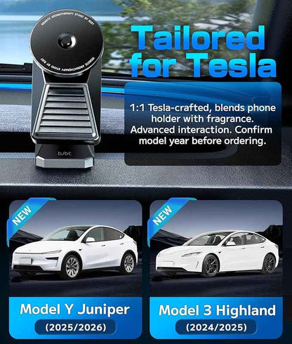 2-in-1 Magnetic Car Phone Holder & Aromatherapy Diffuser for Tesla Model Y Juniper 2025-2026 / Model 3 Highland 2024-2025 & 6-Seater YL, Screen Mount Air Freshener, Black(Lemon x3)