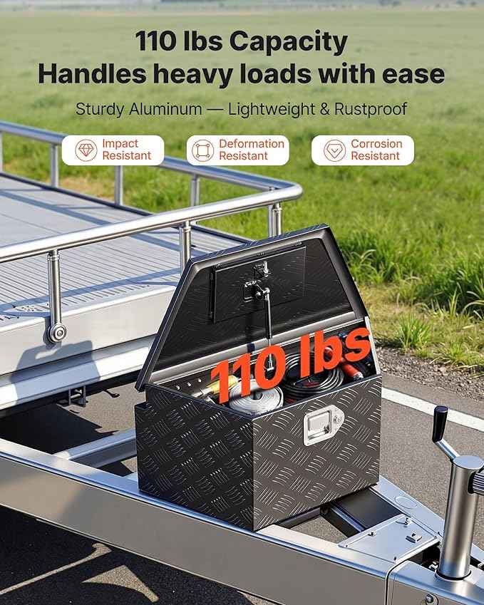 VEVOR Trailer Tongue Box, Heavy Duty Trailer Tongue Tool Box Storage Organizer with Lock & Keys, Utility Tool Chest for Pickup Truck Bed, RV, SUV, Off-Road Vehicle, Aluminum, 26" x 13" x 12", Black