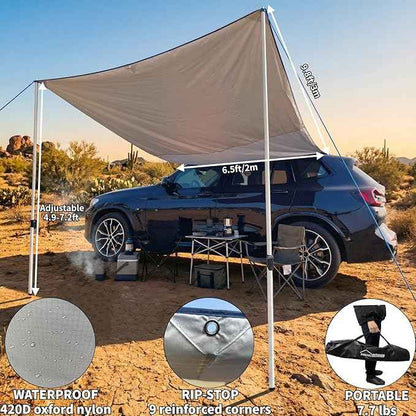 DANCHEL OUTDOOR Portable Suction Cups Car Awning Overland Camping, Needn't Roof Rack Mounting, Waterproof Vehicle Camper Awning Tarp for SUV Truck, 7.7lbs 6.5ftx9.8ft Gray