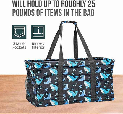 Extra Large Utility Tote Bag - Oversized Collapsible Reusable Wire Frame Rectangular Canvas Basket With Two Exterior Pockets For Beach, Pool, Laundry, Car Trunk, Storage - Whale