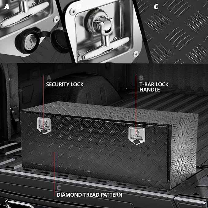 DNA MOTORING Truck Tool Box Lockable Storage Box, Truck Bed Tool Box Truck Bed Organizer Aluminum Truck Tool Boxes for Bed of Truck, w/Lock & Keys, 47"x18"x18", Black, TBOX-T5-015-BK
