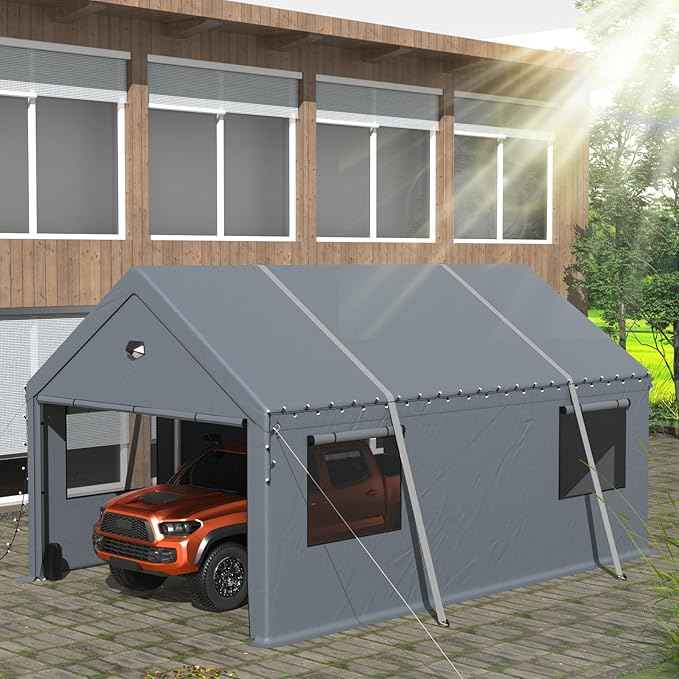 Heavy Duty Carport Canopy 13x25FT,Extra Large Portable Car Tent Garage with Roll-up Windows and All-Season Tarp Cover,Removable Roof&Side Walls for Car,SUV,Boats&Truck Shelter Logic Storage,Gray