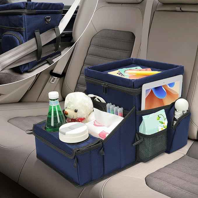 Car Seat Organizer, Backseat Car Organizer with Cup Holder Tray and Storages for Kids and Adults, Portable Travel Cooler for Car for Front or Back Seat Passenger Organizer Ccompartment (Navy Blue)