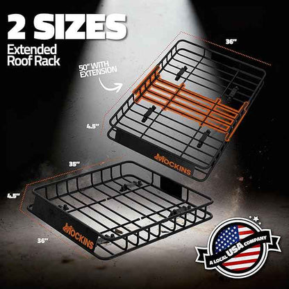 Mockins 50"x36"x4.5" Extendable Rooftop Cargo Carrier & 18 CuFt Orange Waterproof Roof Cargo Bag | 250 Lbs. Capacity Weatherproof SUV & Car Roof Rack Basket with Car Top Carrier Bag & Accessories