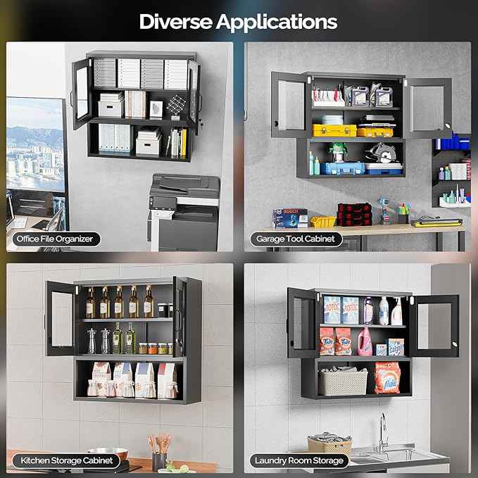 VINGLI Metal Wall Cabinet with Locking Glass Doors & Magnetic LED Sensor Light, Adjustable Shelf, Wall Mounted Storage Display Cabinets for Garage, Kitchen, Home Office, Warehouse, Living Room, Black