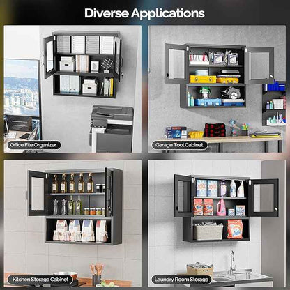 VINGLI Metal Wall Cabinet with Locking Glass Doors & Magnetic LED Sensor Light, Adjustable Shelf, Wall Mounted Storage Display Cabinets for Garage, Kitchen, Home Office, Warehouse, Living Room, Black