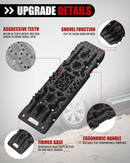 FieryRed Traction Boards Offroad, Recovery Boards with Jack Lift Base, 2Pcs Traction Mat Recovery Tracks for Sand Mud Snow Track Tire Ladder 4X4, Come with 2 Leashes, Black GEN2th