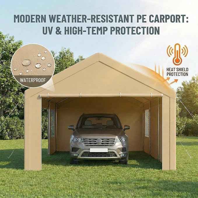 COBIZI 12x20 FT Heavy Duty Carport with Galvanized Frame, Carport Canopy with Roll-up Windows, Storage Tent with Removable Sidewalls & Doors, Built-in Sandbags for Car Boat Truck, Khaki