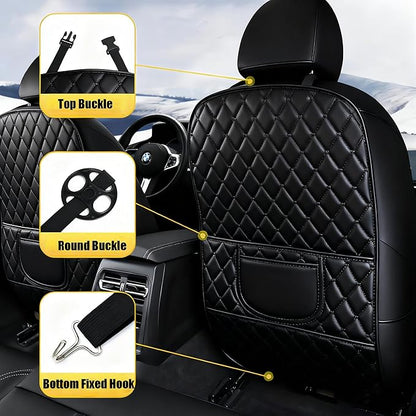 Leatherette Car Seat Protector - 2 Pack Large Car Kick Mats with Storage Pockets Organizer Seat Back Cover Against Dirty Shoes & Scratches, Universal Fit for Most Vehicles (Black)