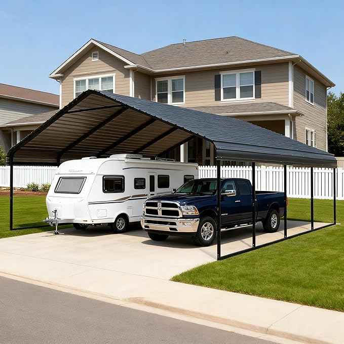 Heavy Duty Metal Carport Galvanized Steel All Weather Carport Canopy with Anchor Kit for RV Boat Truck Tractor Garage Shelter in 10x20 12x20 20x20 20x30 20x40 FT Easy Assembly Carports Kit (20x20 FT)
