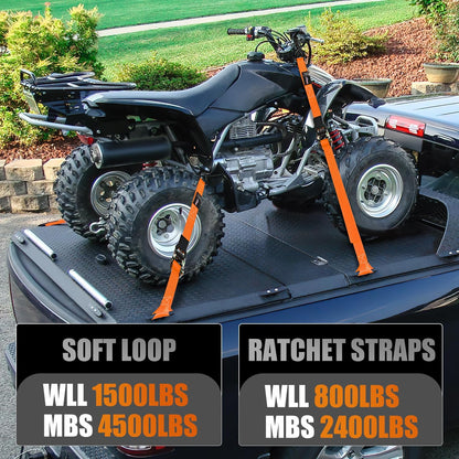 Nilight Ratchet Tie Down Straps 4500Lbs Max Break Strength 1”×15’ Heavy Duty Motorcycle Straps with S Hooks Rubber Handle and 1” ×12’ Soft Loop for UTV Motorcycle Moving Securing Cargo (Orange 4 Pack)