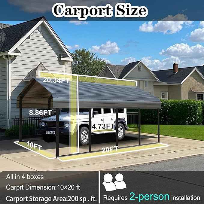 10x20 FT Metal Carport Heavy Duty with Galvanized Steel Roof & Frame, All-Weather Portable Car Garage Canopy Shelter for Cars, Safe Boat Cover Car Ports for Yard