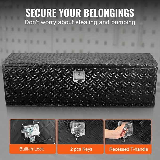 VEVOR Underbody Truck Box, 60" x 17" x 18" Pickup Storage Box, Heavy Duty Aluminum Diamond Plate Tool Box with Lock and Keys, Waterproof Trailer Storage Box with T-Handle Latch for Truck, Van, Trailer