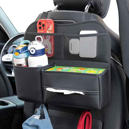Leather Car Seat Back Organizer with Tissue Holder, Water Bottle Holder, Phone Holder for Road Trips. (Black)