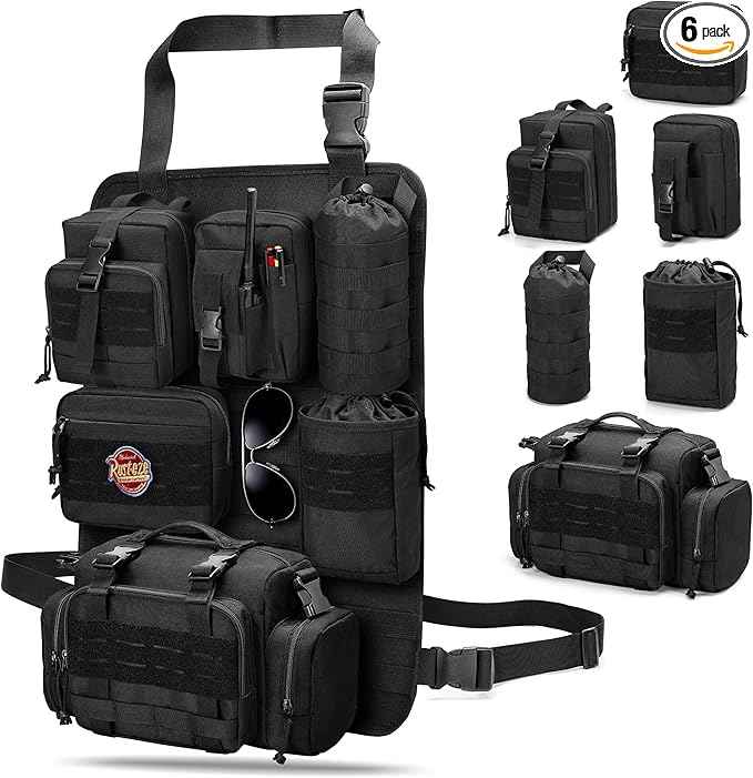 6 Pack Tactical Car Seat Back Organizer, Universal Vehicle Panel Storage Bag with 6 Detachable Molle Pouch Fits for Truck, Pickup, SUV, Bag Only