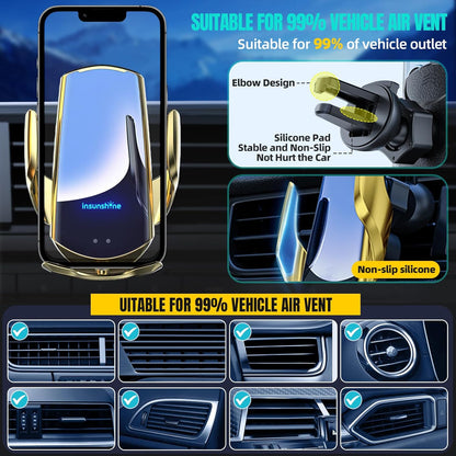 Wireless Car Charger, MAX 15W Fast Charging Auto Clamping, Sensing Phone Holder Mount, fit for iPhone 16 15 14 13 12 Pro Max Xs X, Samsung Galaxy S24 Ultra S23 S22 S21 S20 Note20 (5-Golden)