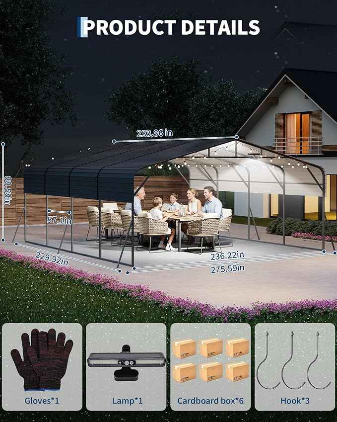 20x20FT Heavy Duty Metal Carport for 2 Cars, Outdoor Portable Car Garage w/Led Light,Reinforced Base and Galvanized Steel Roof, Outdoor Car Port Canopy Shelter for Boats, Full-Sized Pickup Trucks