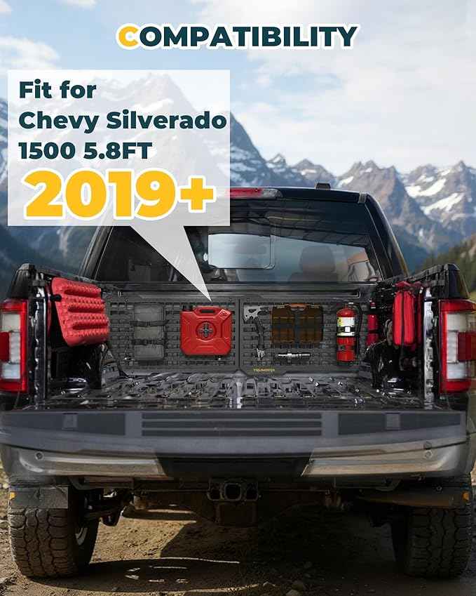 Aluminum Front Bed MOLLE Panel Fit for 2019–2026 Chevy Silverado 1500 5.8FT, No-Drill Installation, Heavy-Duty Truck Bed Organizer Storage Rack System for Tools and Outdoor Equipment