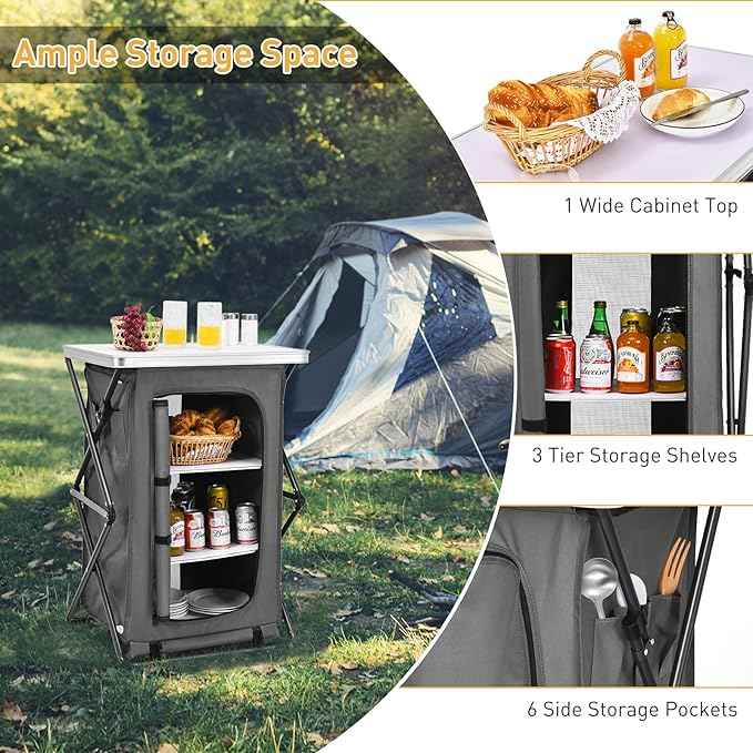 Goplus Folding Camping Storage Cabinet, Pop Up Outdoor Camping Kitchen Station with Large 3-Tier Storage Organizer, Carry Bag, Easy Set Up Portable Compact Camping Table for BBQ Picnic Backyard (35'')