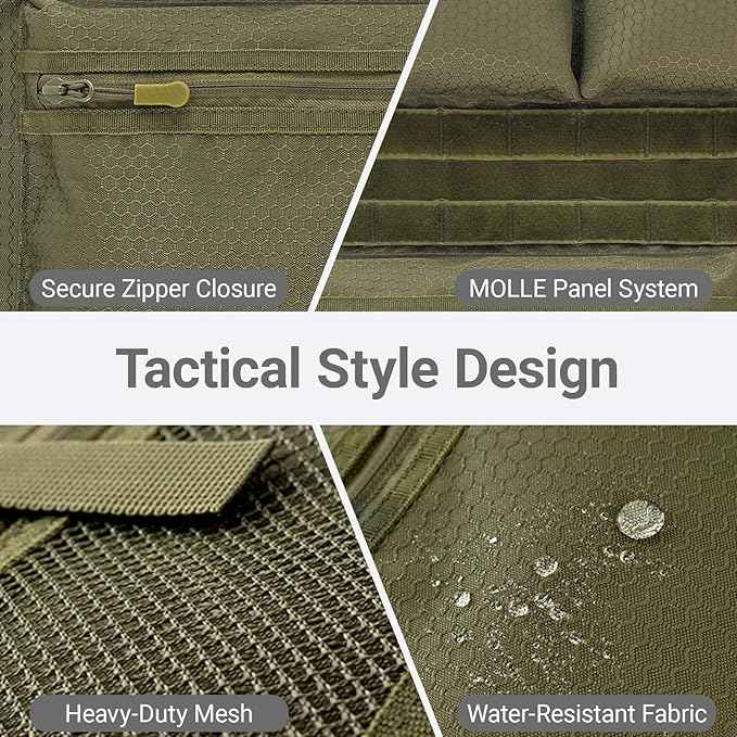 Tactical Car Seat Organizer with Multiple Pockets, MOLLE Panel System & Mesh Compartments, Durable Nylon Universal Vehicle Seat Back Storage with Cup Holder, Water-Resistant (Army Green)