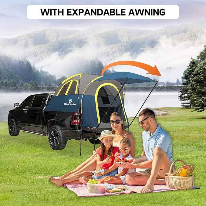 Truck Bed Tent with Awning 5.5' ~ 5.8' Easy Set Up Umburato Pickup Truck Tents for Camping, Waterproof, for 2-3 Person, Chevy, Dodge, Ford, GMC, Navy Blue & Lime