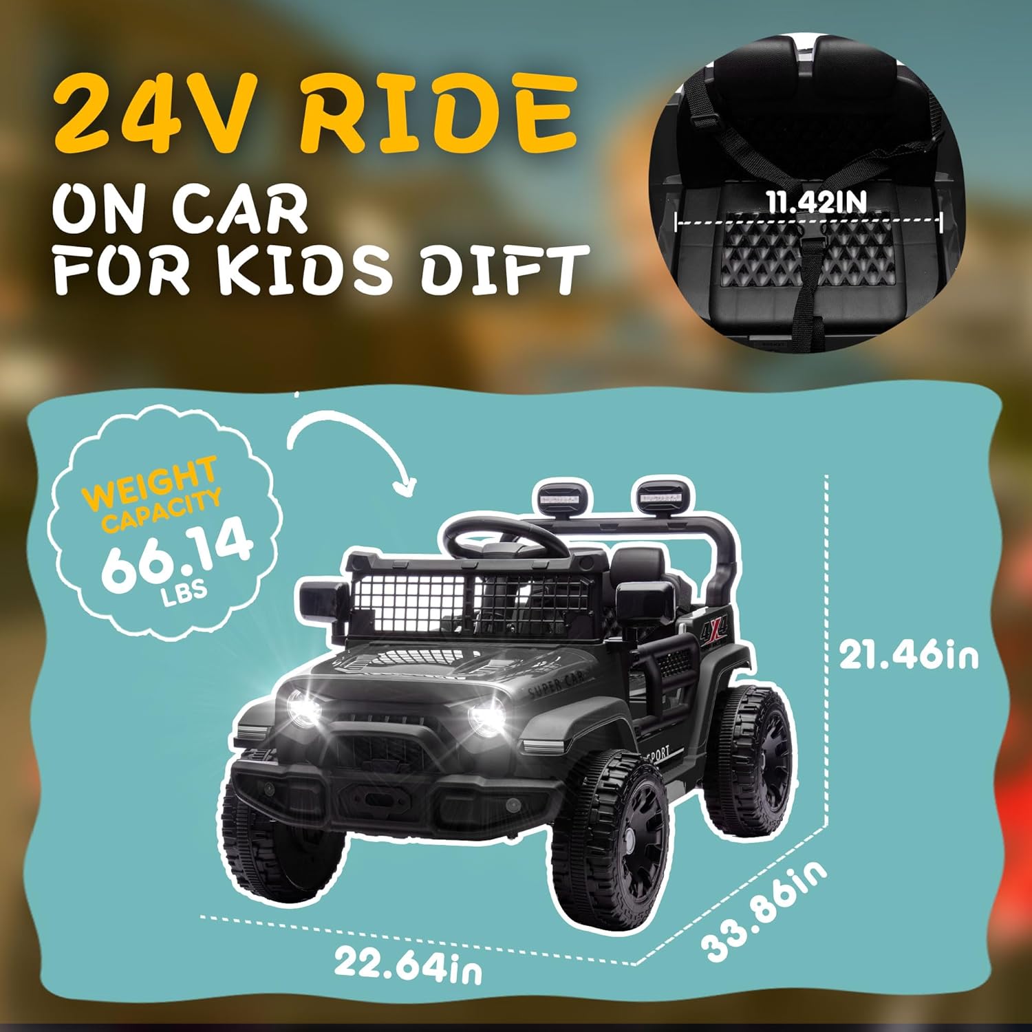 24V Ride on Toys with Parents Control, Ride on Truck Car with Four-Wheel Suspension, Electric Vehicles for Kids, Power Display, Bluetooth, MP3, Music, LED Headlight, 1.86-3.11MPH (Black) - AutoBay