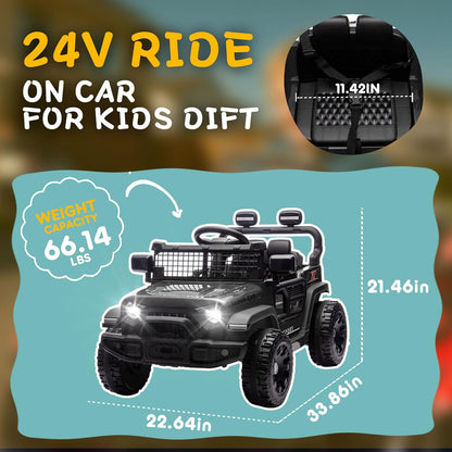 24V Ride on Toys with Parents Control, Ride on Truck Car with Four-Wheel Suspension, Electric Vehicles for Kids, Power Display, Bluetooth, MP3, Music, LED Headlight, 1.86-3.11MPH (Black) - AutoBay