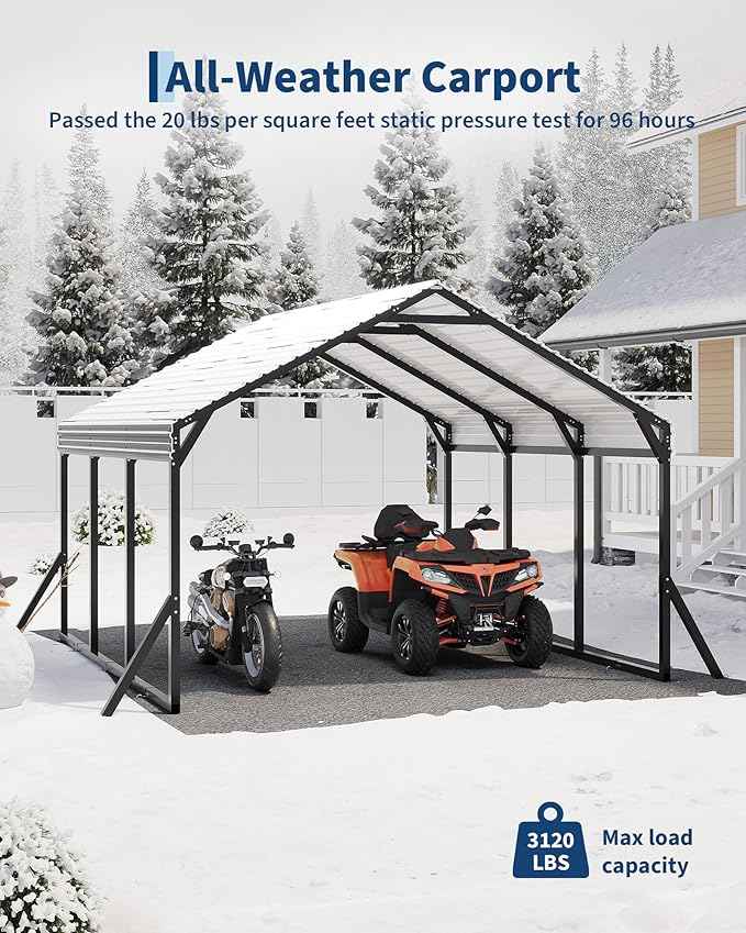 Garvee 12x13x9 ft Metal Carport, Car Port with Reinforced Frame and Steel Roof for All-Weather Use, Permanent Shelter for Cars, Motorcycles, ATVs, or Boats