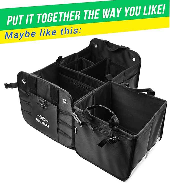 3-Section Car Trunk Organizer XL – Large Modular Auto Storage Bin, Foldable Multi-Compartment Cargo Organizer for Car Trunk, Heavy Duty 1680D Design – Black