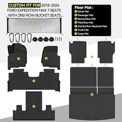 Tongama-Floor Mats for 2018-2024 Ford Expedition Max 7 Seats with 2nd Row Bucket Seats, All Weather TPE Trunk Mat and 2nd/3rd Backrest Mats Protectors and Cargo Net for Ford Expedition Accessories