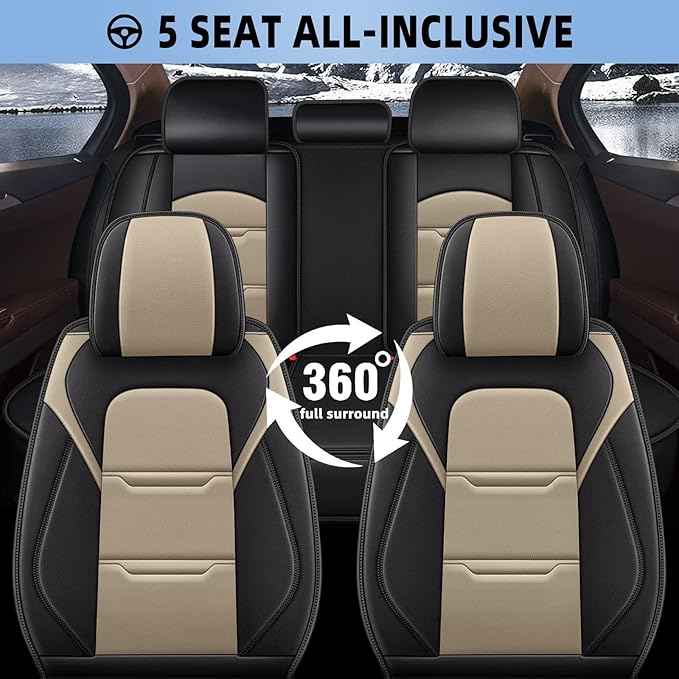 YORKNEIC 2 Front Seat Covers Fit for Cadillac CT5 2020-2025 2026 Leather Car Seat Covers for CT5 Automotive Seat Cushion Waterproof Car Seat with Airbag Compatible(2 Front Seat,BlackBeige)