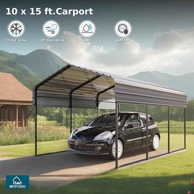MFSTUDIO Carport 10x15 ft, Outdoor Heavy Duty Carports with Sidewalls, Metal Car Port Shed Shelters Garage Shelter Shade Car Ports with Galvanized Roof for 2 Cars, Truck and Boats ﻿