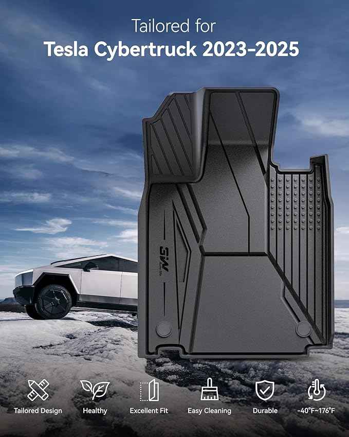 3W Floor Mats Set for Tesla Cybertruck 2023 2024 2025 2026, All Weather Protection Waterproof Frunk & Rear Cargo Liners, Custom TPE Cargo Trunk Accessories Mats for Tesla, Black