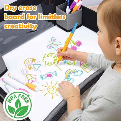 Kids Travel Tray for Toddler Carseat, Road Trip Activities Essentials for Toddler, Kids Lap Desk Tray with Tablet Holder Stand ＆ Dry Erase Board (Grey)