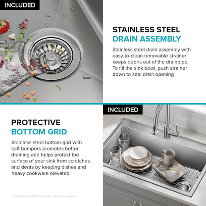 KRAUS Fairlane 33-inch Drop In/Top Mount Single Bowl 18-Gauge Stainless Steel Kitchen Sink, KHT640-33