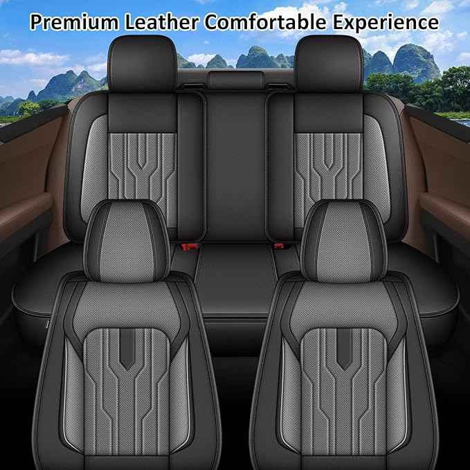 YORKNEIC Fit for Dodge Journey Seat Covers Full Set 2011-2020: 5 Seats Waterproof Leather Car Seat Covers Protector (2 Row 5 Seat, Black & Grey)
