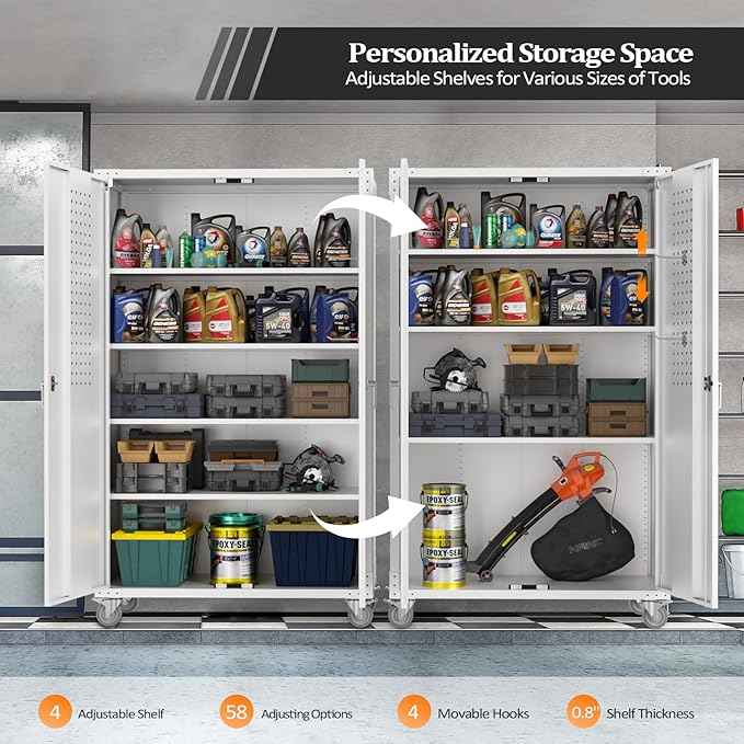 VINGLI Upgraded Wide & Deep Garage Storage Cabinet, Metal Storage Cabinet with Pegboards, Wheels, Locking Doors and Adjustable Shelves (Gray, 43''W x 20''D x 72''H)