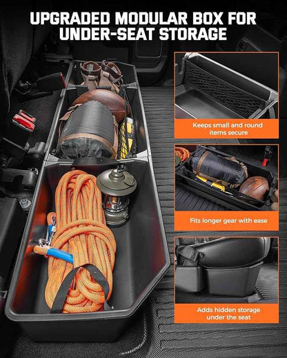 DiffCar® Truck Underseat Storage for Ford F150: 2015-2026 SuperCrew/Crew Cab, Rear Under Seat Organizer Tool Box Car Accessories for Ford F-150 F250 F350 F450 F550 Super Duty(w/Detach Bin & Mesh Net)