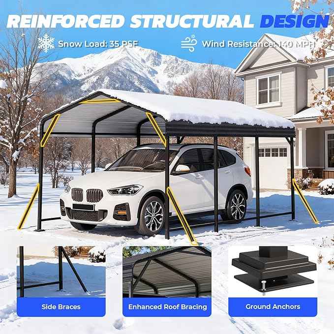 EROMMY 10' x 15' Heavy Duty Metal Carport with Galvanized Steel Roof & Base for All-Weather Protection, Outdoor Carport Garage, Versatile for Car, Boat, Tractor, and Party Use, Dark Gray