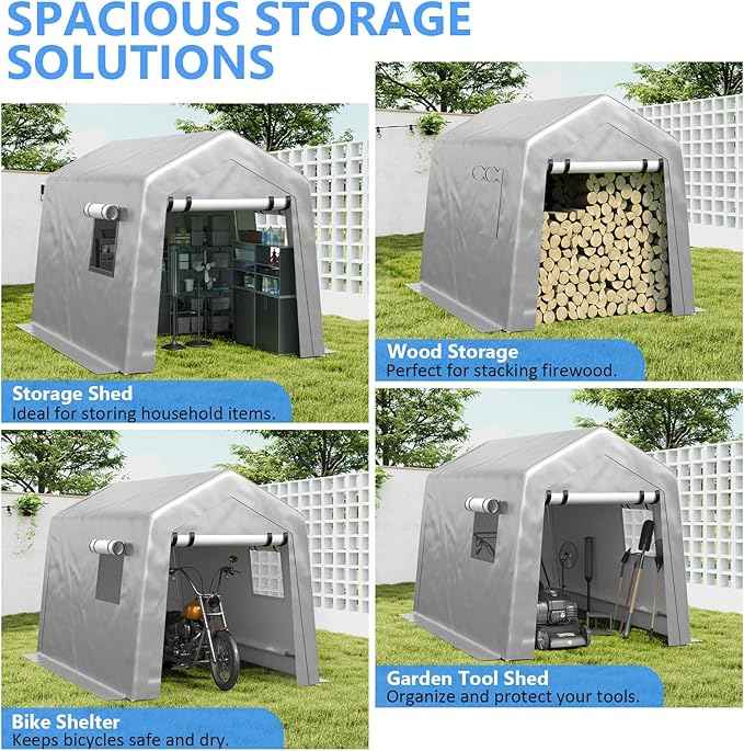 Carport 6x8 FT Enclosed Carport with Roll-up Windows, Portable Garage with Removable Sidewalls & Doors, Car Canopy Tent with Sandbags All-Season Tarp for Bike Motorcycle