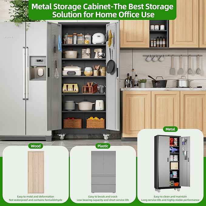 Aobabo Upgraded Garage Storage Cabinets with Wheels,Metal Storage Cabinets with 5 Adjustable Shelves for Garage Home Office Storage, Black&Dark Grey,71''H*32''W*16''D,Assembly Required