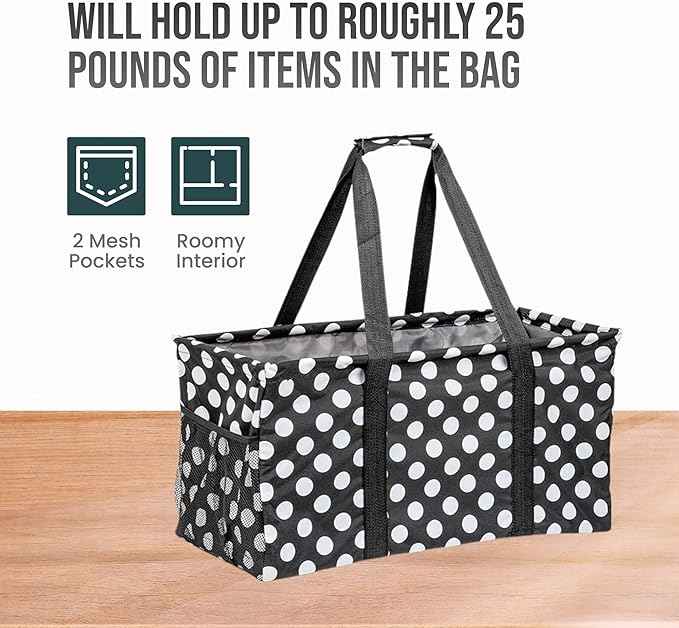 Extra Large Utility Tote Bag - Oversized Collapsible Reusable Wire Frame Rectangular Canvas Basket With Two Exterior Pockets For Beach, Pool, Laundry, Car Trunk, Storage - White Polka Dot