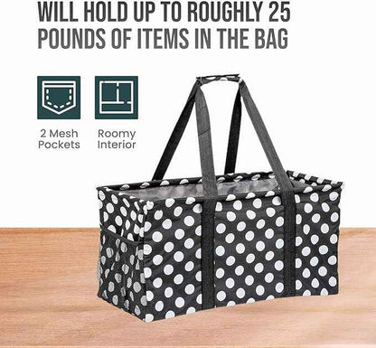 Extra Large Utility Tote Bag - Oversized Collapsible Reusable Wire Frame Rectangular Canvas Basket With Two Exterior Pockets For Beach, Pool, Laundry, Car Trunk, Storage - White Polka Dot