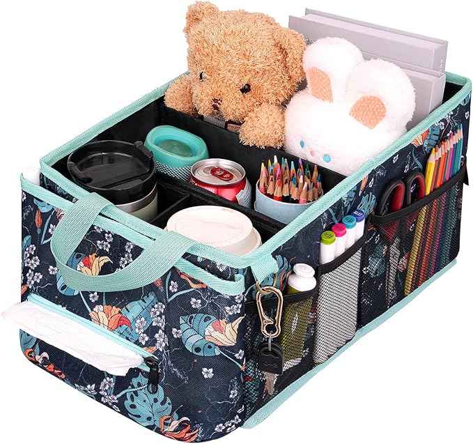 HEYSKAY Car Seat Organizer-Passenger Seat Organizer, Collapsible Small Car Seat Organizer for Console Front/Back, Car Caddy with 4pc Drink Holders Automotive Backseat Organizer for Kids