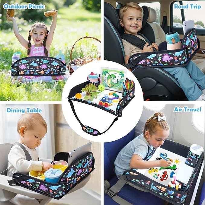 2Pcs Kids Travel Tray for Toddler Carseat, Road Trip Activities Essentials for Toddler, Kids Lap Desk Tray with Tablet Holder Stand ＆ Dry Erase Board (Dinosaur-2Pcs)