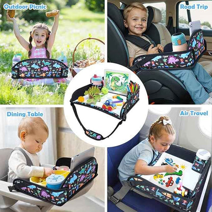 Kids Travel Tray for Toddler Carseat, Road Trip Activities Essentials for Toddler, Kids Travel Lap Desk Tray with Holder Stand ＆ Dry Erase Board (Dinosaur)