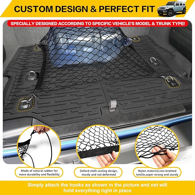 Trunk Mat with Net for 2021-2025 Jeep Wrangler JL Unlimited 4XE Accessories All Weather Protection Rear Trunk Liner Cargo Net for 21-25 JL JLU 4XE 4 Door(Not for 4X4)