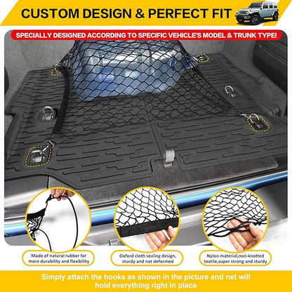 Trunk Mat with Net for 2021-2025 Jeep Wrangler JL Unlimited 4XE Accessories All Weather Protection Rear Trunk Liner Cargo Net for 21-25 JL JLU 4XE 4 Door(Not for 4X4)